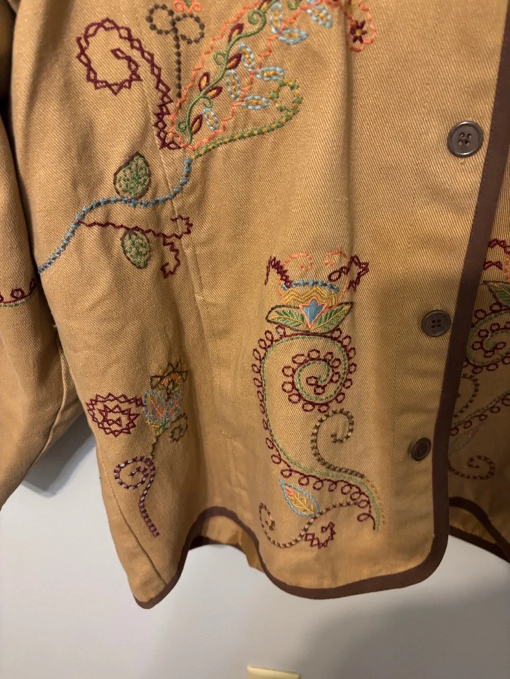 Denim & Co. Embroidered Tan Jacket with Brown Trim - Picture 5 of 13